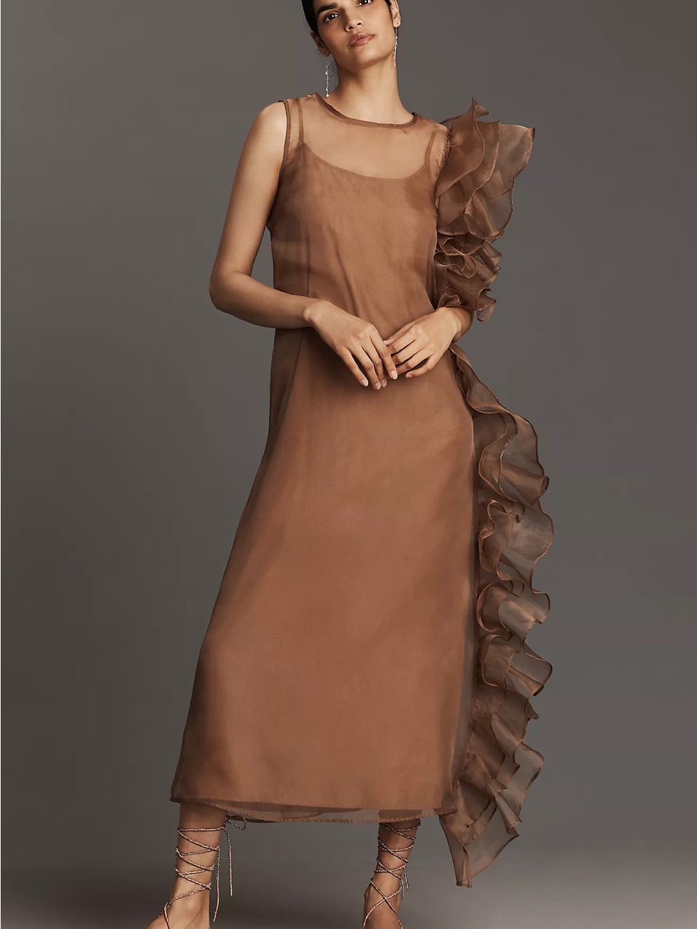Anthropologie Let Me Be Asymmetric Ruffle Midi Dress Sz L  Slip Is Missing